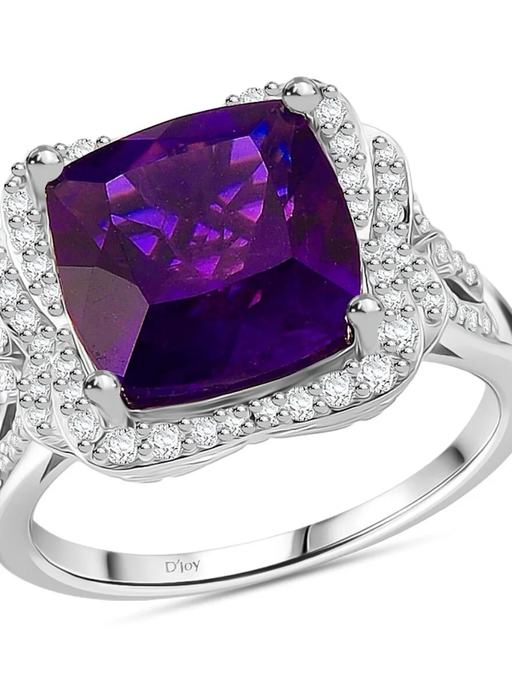 5.65 ctw Cushion-Cut AAA Amethyst ring w Moissanite halo